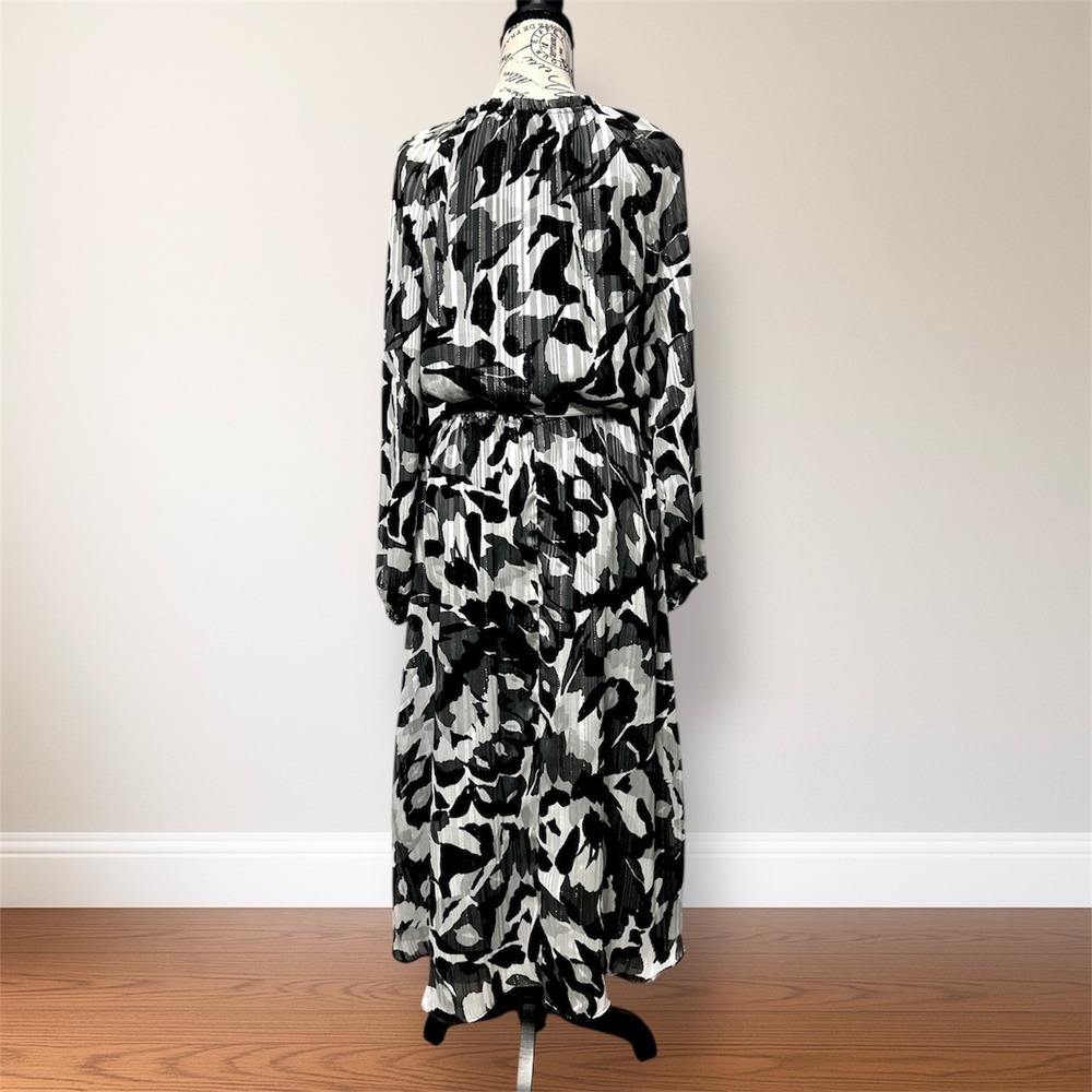 WHBM Black White Chiffon Midi Dress Belted Sheer‎ Sleeve Spring Wedding Guest - Picture 4 of 9